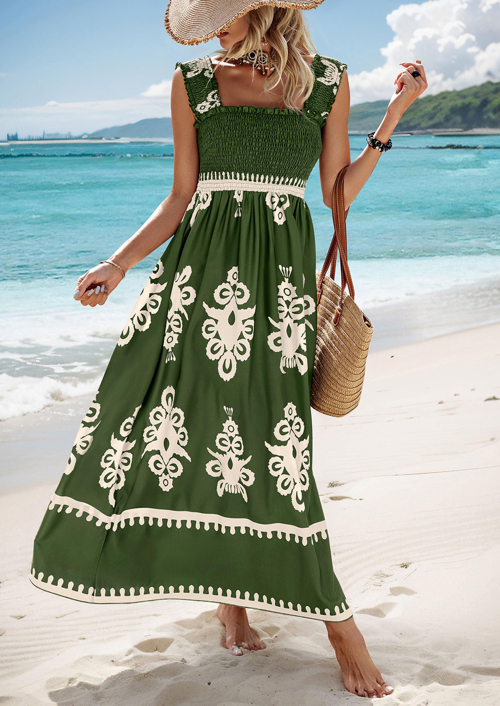 PRETTYGARDEN Womens Summer Boho Maxi Dress Casual Sleeveless Square Neck Floral Aline Smocked Beach Dresses with Pockets
