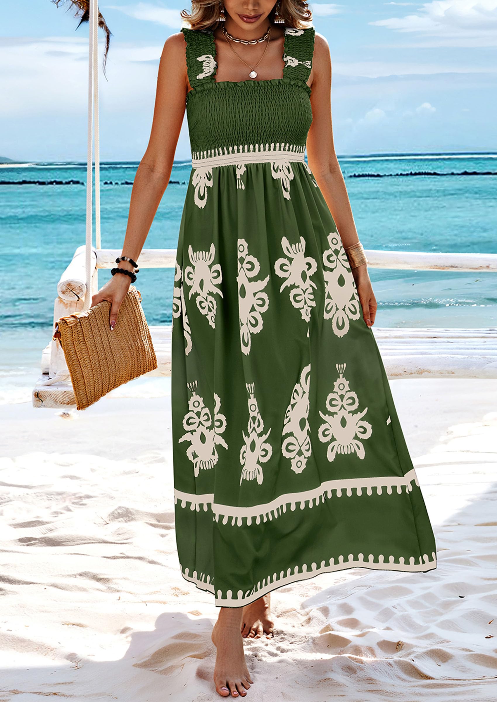PRETTYGARDEN Womens Summer Boho Maxi Dress Casual Sleeveless Square Neck Floral Aline Smocked Beach Dresses with Pockets