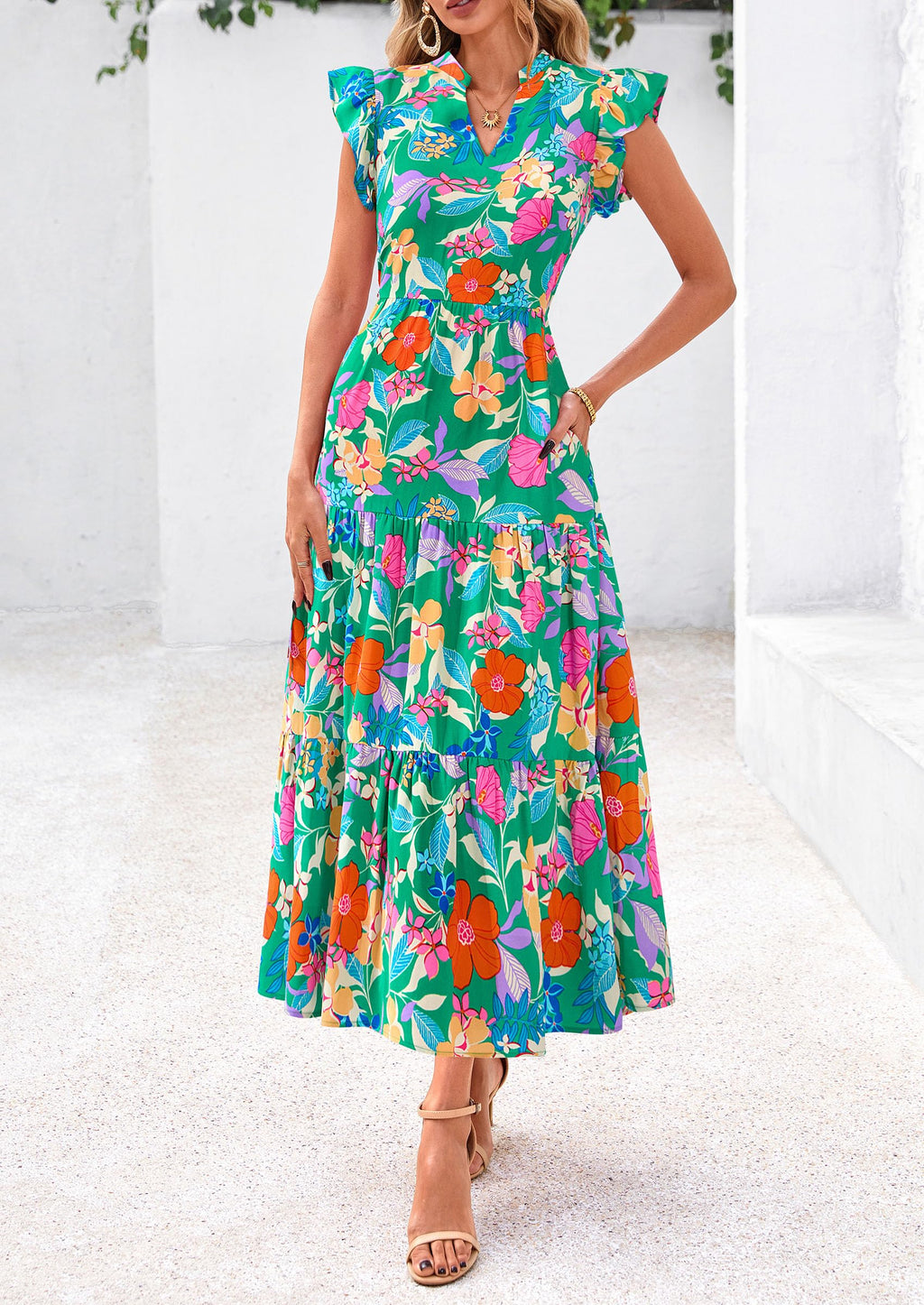 PRETTYGARDEN Women's Summer Floral Midi Dress Cap Sleeve V Neck Ruffle Long Flowy Boho Casual Beach Vacation Dresses