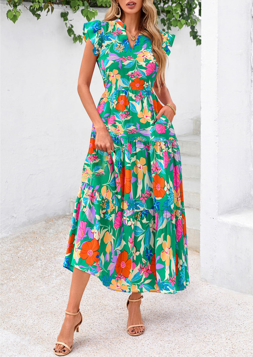 PRETTYGARDEN Women's Summer Floral Midi Dress Cap Sleeve V Neck Ruffle Long Flowy Boho Casual Beach Vacation Dresses
