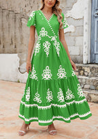 PRETTYGARDEN Womens Casual V Neck Boho Maxi Dress Flowy Aline Bell Sleeve Tiered Floral Dresses with Pocket