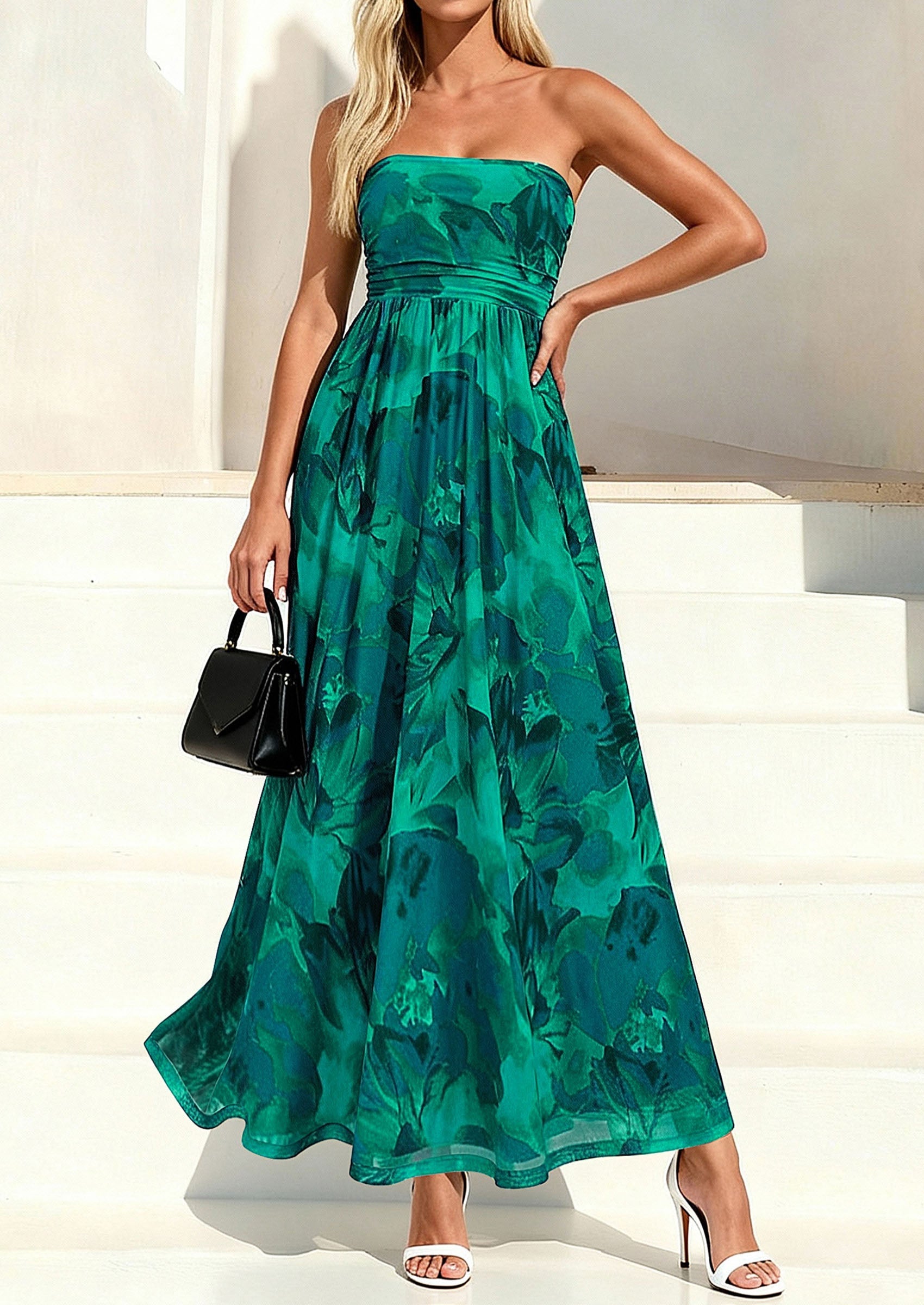 PRETTYGARDEN Womens Boho Maxi Dress Summer Floral Tube Strapless Spring Wedding Guest Cocktail Long Dresses