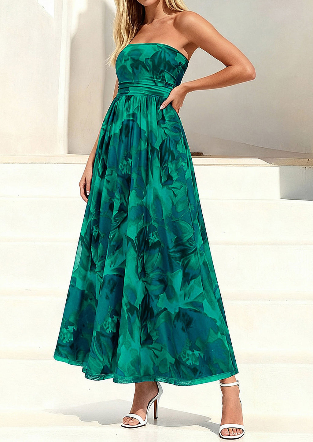 PRETTYGARDEN Womens Boho Maxi Dress Summer Floral Tube Strapless Spring Wedding Guest Cocktail Long Dresses