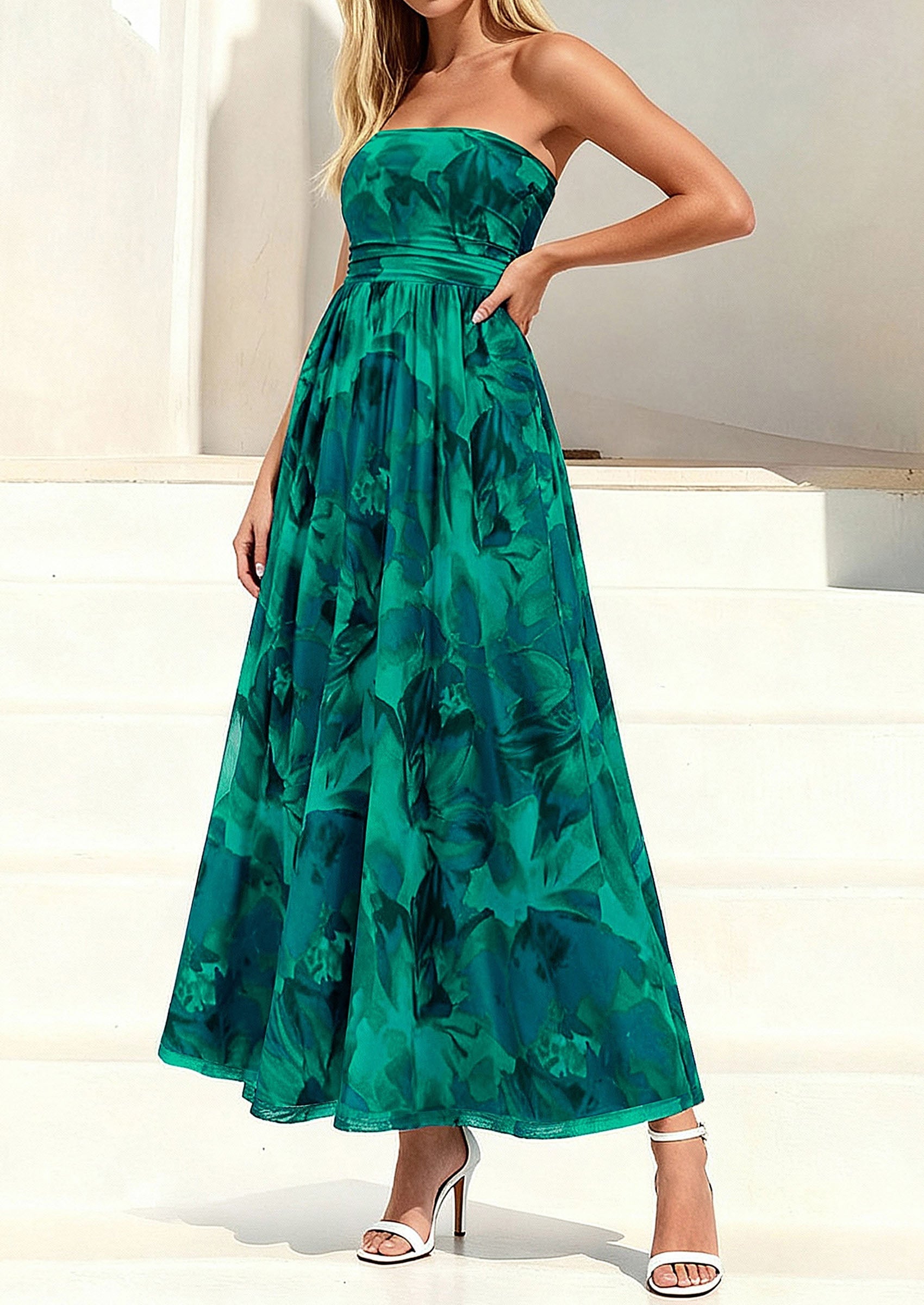PRETTYGARDEN Womens Boho Maxi Dress Summer Floral Tube Strapless Spring Wedding Guest Cocktail Long Dresses