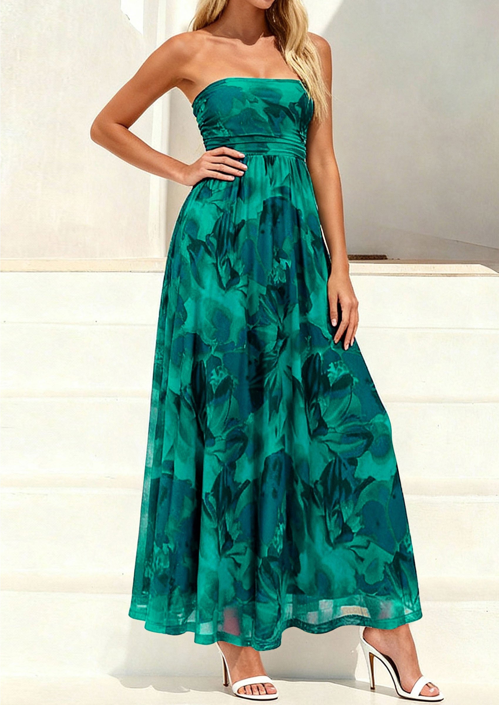 PRETTYGARDEN Womens Boho Maxi Dress Summer Floral Tube Strapless Spring Wedding Guest Cocktail Long Dresses