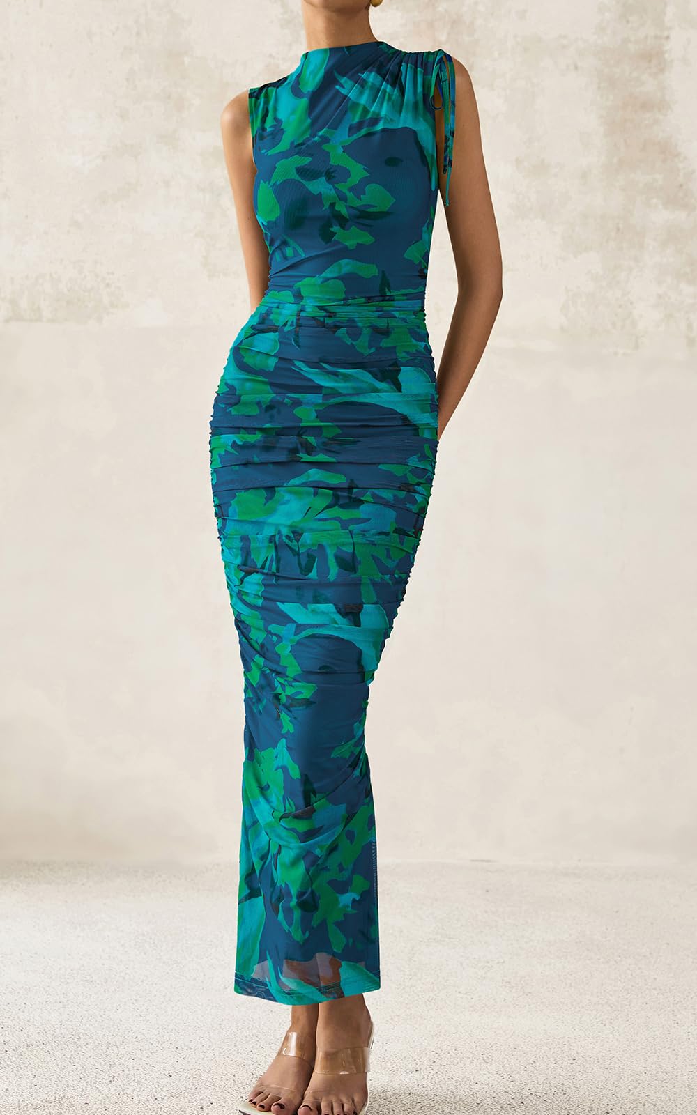 PRETTYGARDEN Women's Summer Maxi Floral Dresses Ruched Bodycon Sleeveless Mesh Formal Wedding Guest Cocktail Split Long Dress