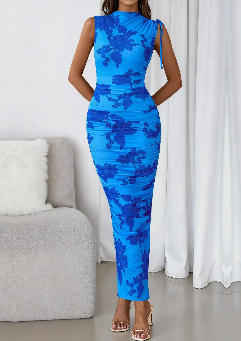 PRETTYGARDEN Women's Summer Maxi Floral Dresses Ruched Bodycon Sleeveless Mesh Formal Wedding Guest Cocktail Split Long Dress