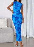 PRETTYGARDEN Women's Summer Maxi Floral Dresses Ruched Bodycon Sleeveless Mesh Formal Wedding Guest Cocktail Split Long Dress