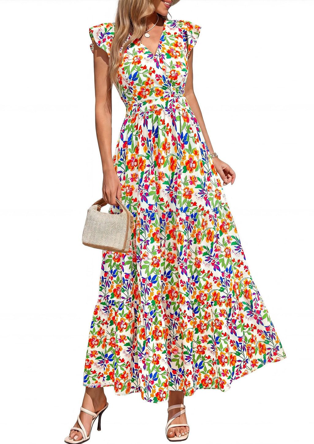 PRETTYGARDEN Womens Summer Maxi Dresses Casual V Neck Ruffle Sleeve Wrap V Neck Floral A Line Flowy Beach Boho Dress