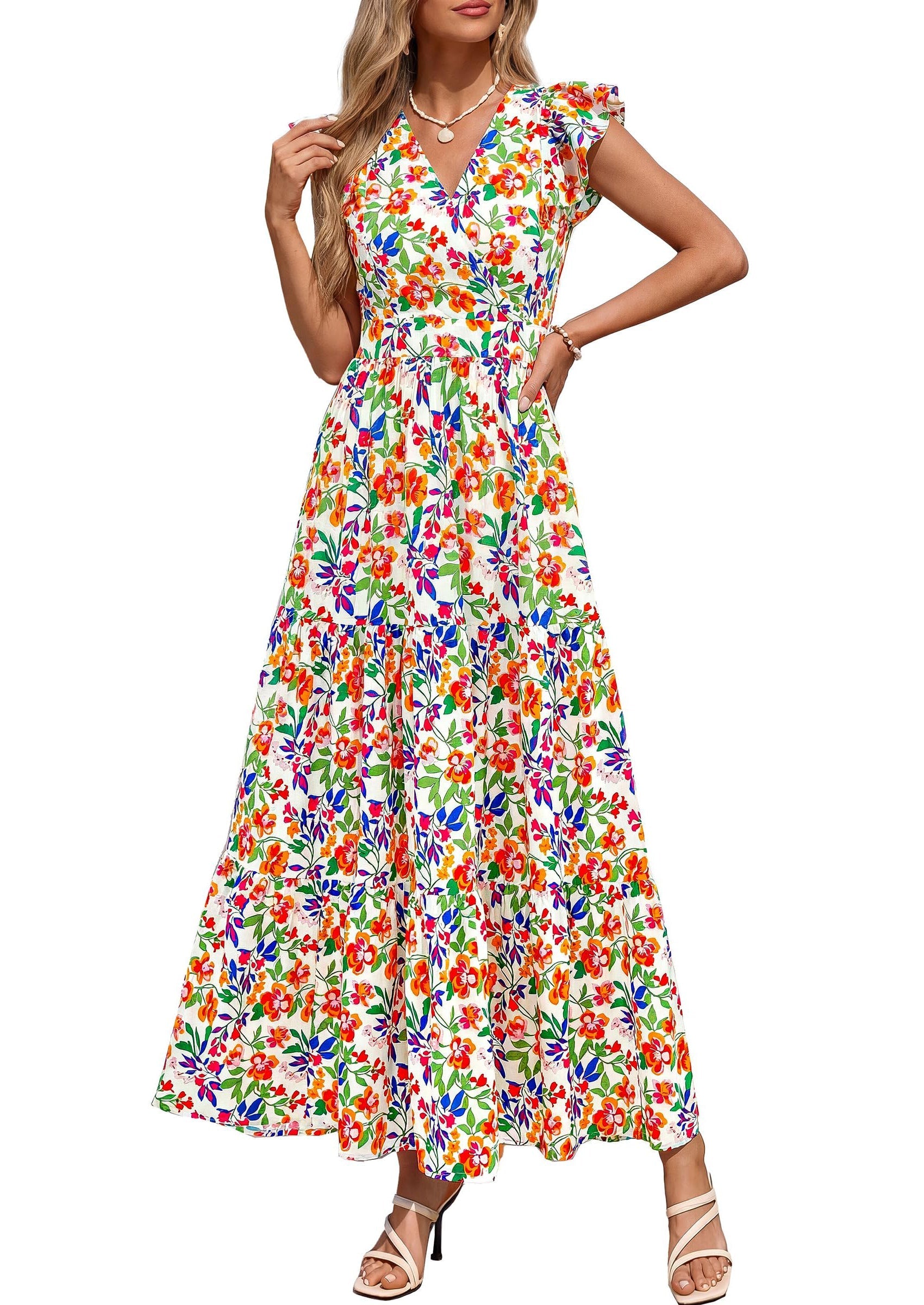 PRETTYGARDEN Womens Summer Maxi Dresses Casual V Neck Ruffle Sleeve Wrap V Neck Floral A Line Flowy Beach Boho Dress