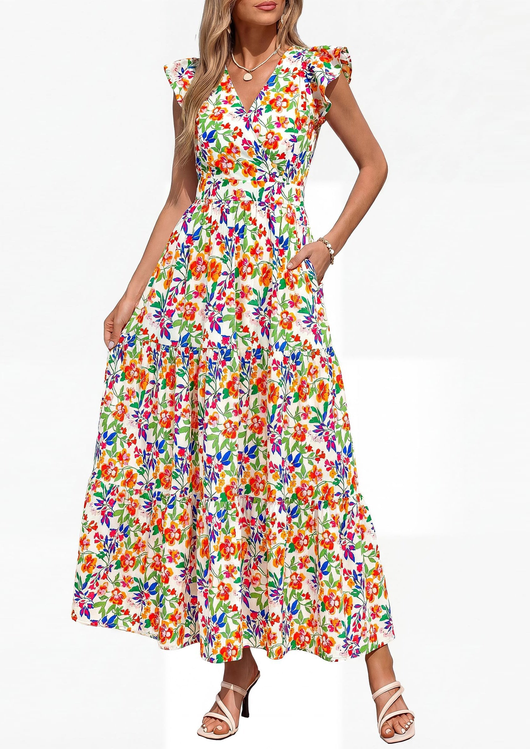 PRETTYGARDEN Womens Summer Maxi Dresses Casual V Neck Ruffle Sleeve Wrap V Neck Floral A Line Flowy Beach Boho Dress