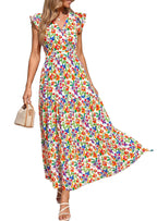 PRETTYGARDEN Womens Summer Maxi Dresses Casual V Neck Ruffle Sleeve Wrap V Neck Floral A Line Flowy Beach Boho Dress
