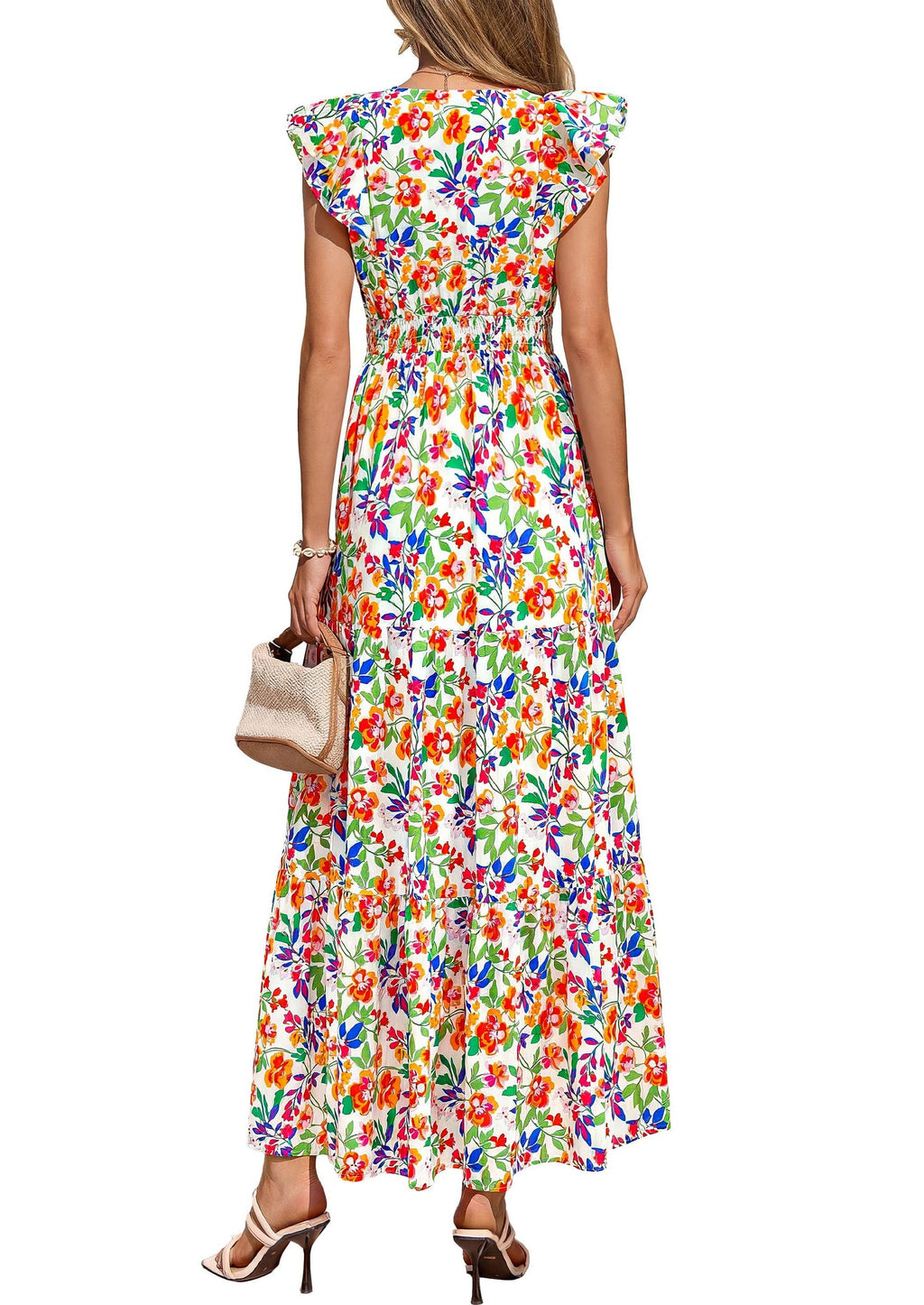 PRETTYGARDEN Womens Summer Maxi Dresses Casual V Neck Ruffle Sleeve Wrap V Neck Floral A Line Flowy Beach Boho Dress