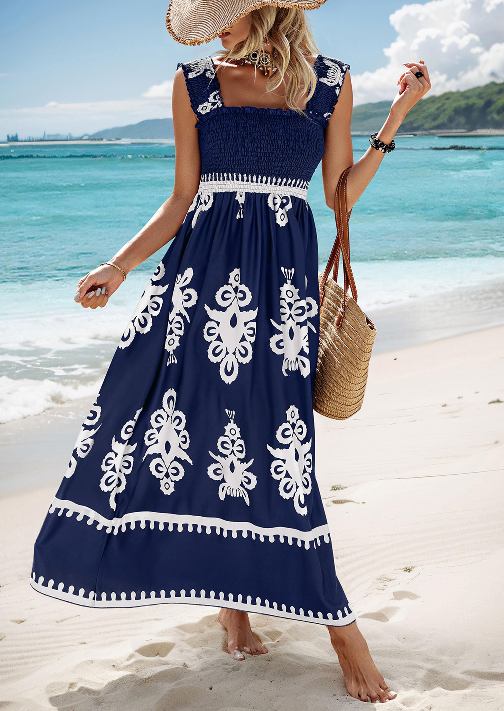 PRETTYGARDEN Womens Summer Boho Maxi Dress Casual Sleeveless Square Neck Floral Aline Smocked Beach Dresses with Pockets