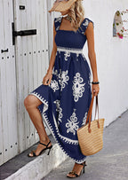 PRETTYGARDEN Womens Summer Boho Maxi Dress Casual Sleeveless Square Neck Floral Aline Smocked Beach Dresses with Pockets