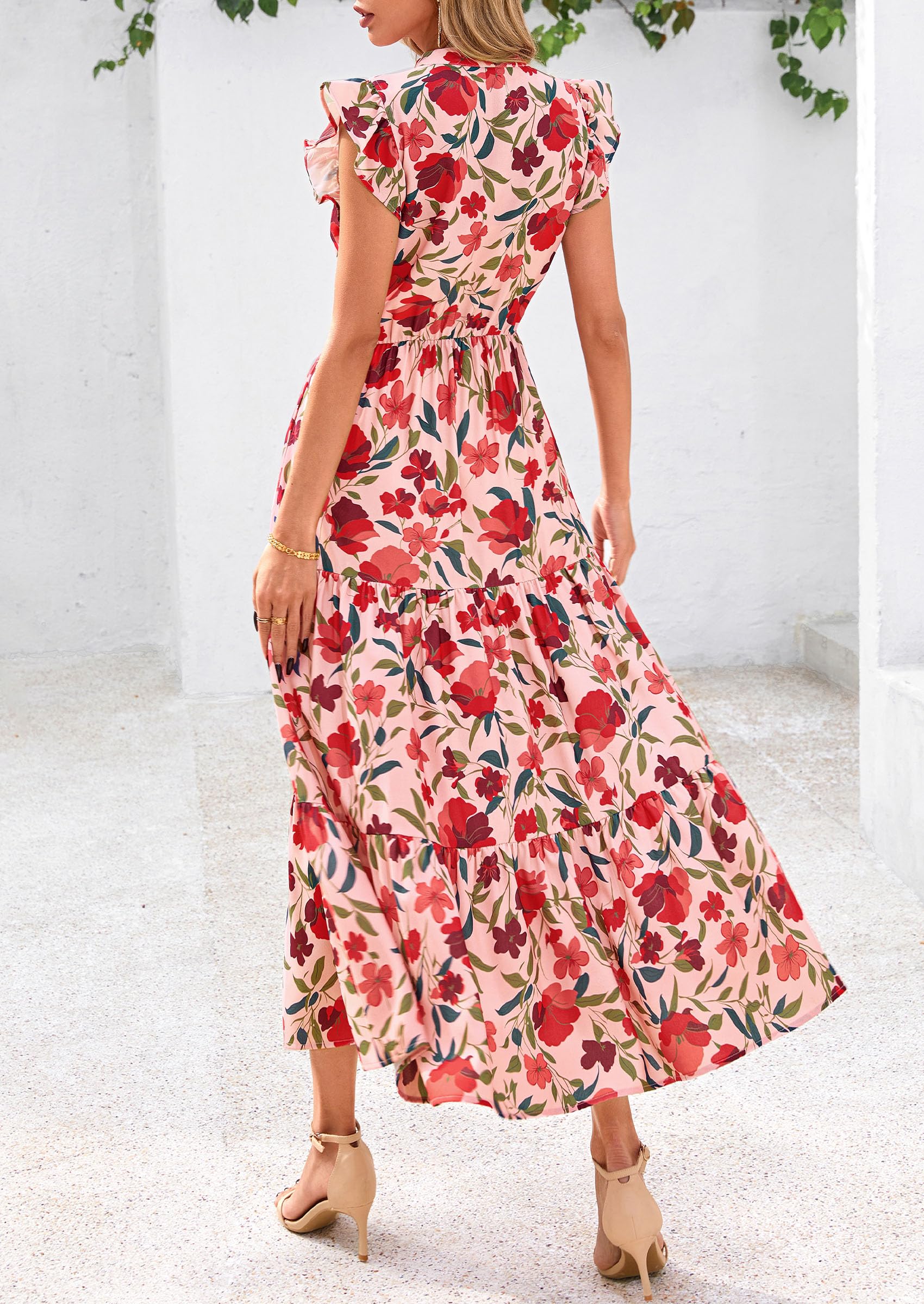 PRETTYGARDEN Women's Summer Floral Midi Dress Cap Sleeve V Neck Ruffle Long Flowy Boho Casual Beach Vacation Dresses