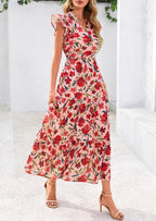 PRETTYGARDEN Women's Summer Floral Midi Dress Cap Sleeve V Neck Ruffle Long Flowy Boho Casual Beach Vacation Dresses