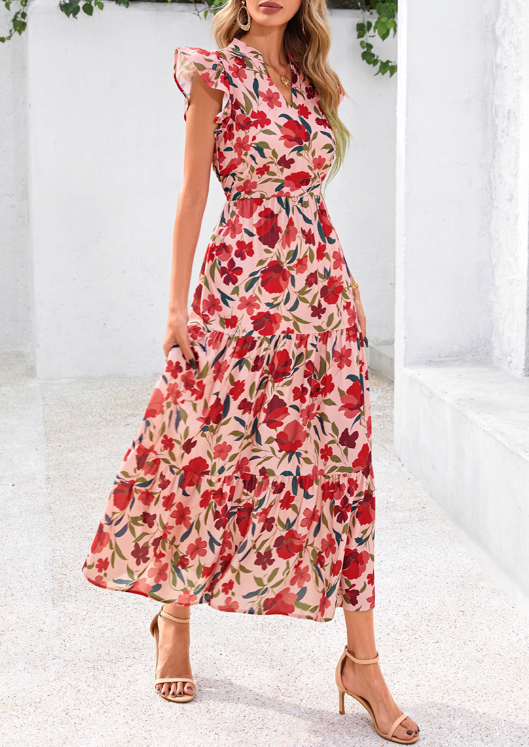 PRETTYGARDEN Women's Summer Floral Midi Dress Cap Sleeve V Neck Ruffle Long Flowy Boho Casual Beach Vacation Dresses