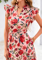 PRETTYGARDEN Women's Summer Floral Midi Dress Cap Sleeve V Neck Ruffle Long Flowy Boho Casual Beach Vacation Dresses