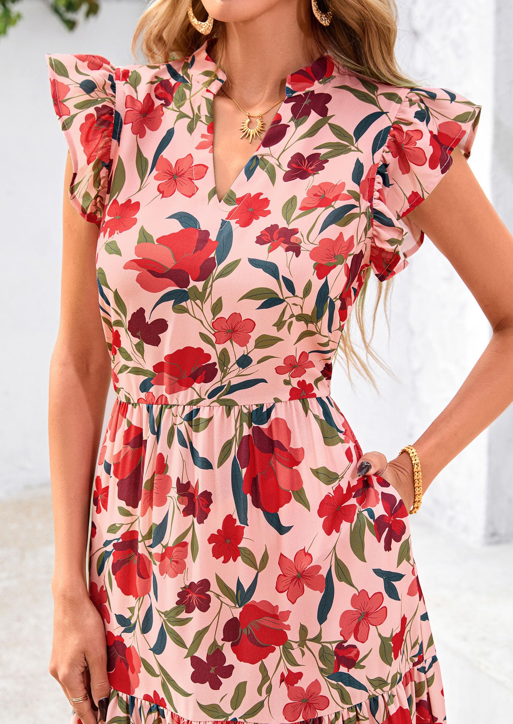 PRETTYGARDEN Women's Summer Floral Midi Dress Cap Sleeve V Neck Ruffle Long Flowy Boho Casual Beach Vacation Dresses