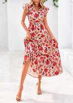PRETTYGARDEN Women's Summer Floral Midi Dress Cap Sleeve V Neck Ruffle Long Flowy Boho Casual Beach Vacation Dresses