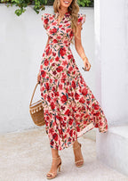 PRETTYGARDEN Women's Summer Floral Midi Dress Cap Sleeve V Neck Ruffle Long Flowy Boho Casual Beach Vacation Dresses