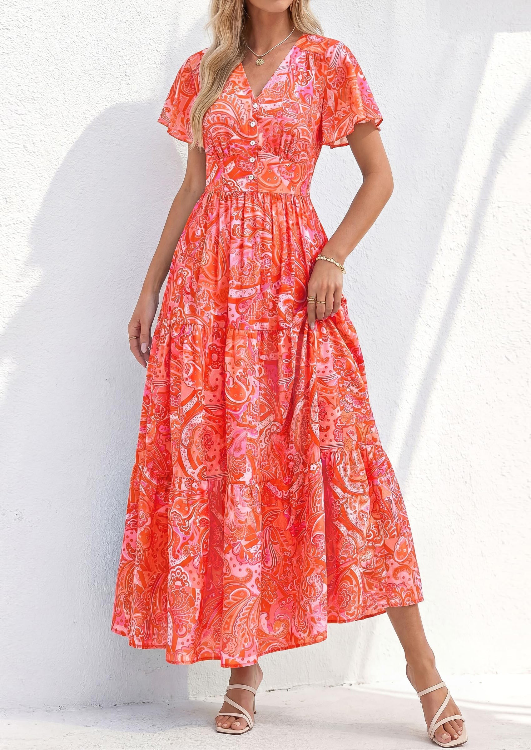 PRETTYGARDEN Women Summer Maxi Dresses Short Sleeve V Neck Button Floral Tiered Flowy Boho Sundress Beach Outfits