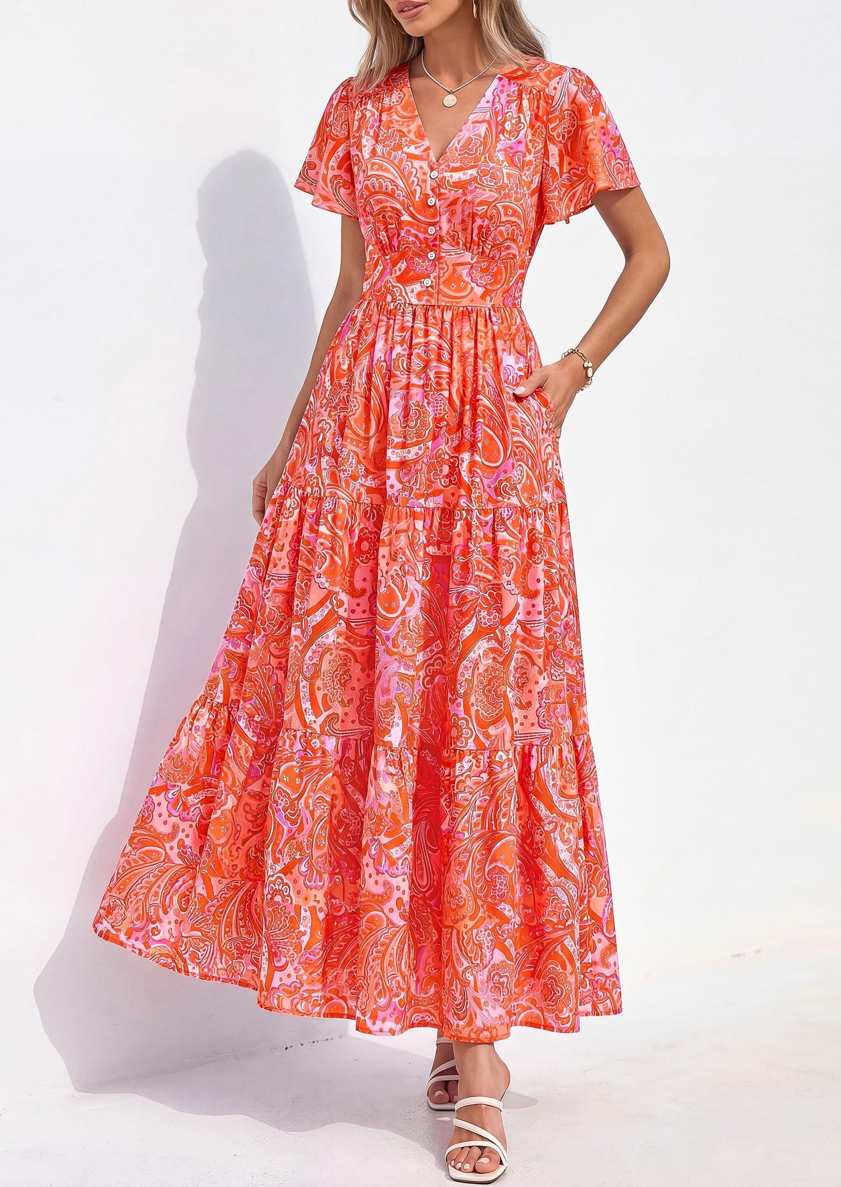 PRETTYGARDEN Women Summer Maxi Dresses Short Sleeve V Neck Button Floral Tiered Flowy Boho Sundress Beach Outfits