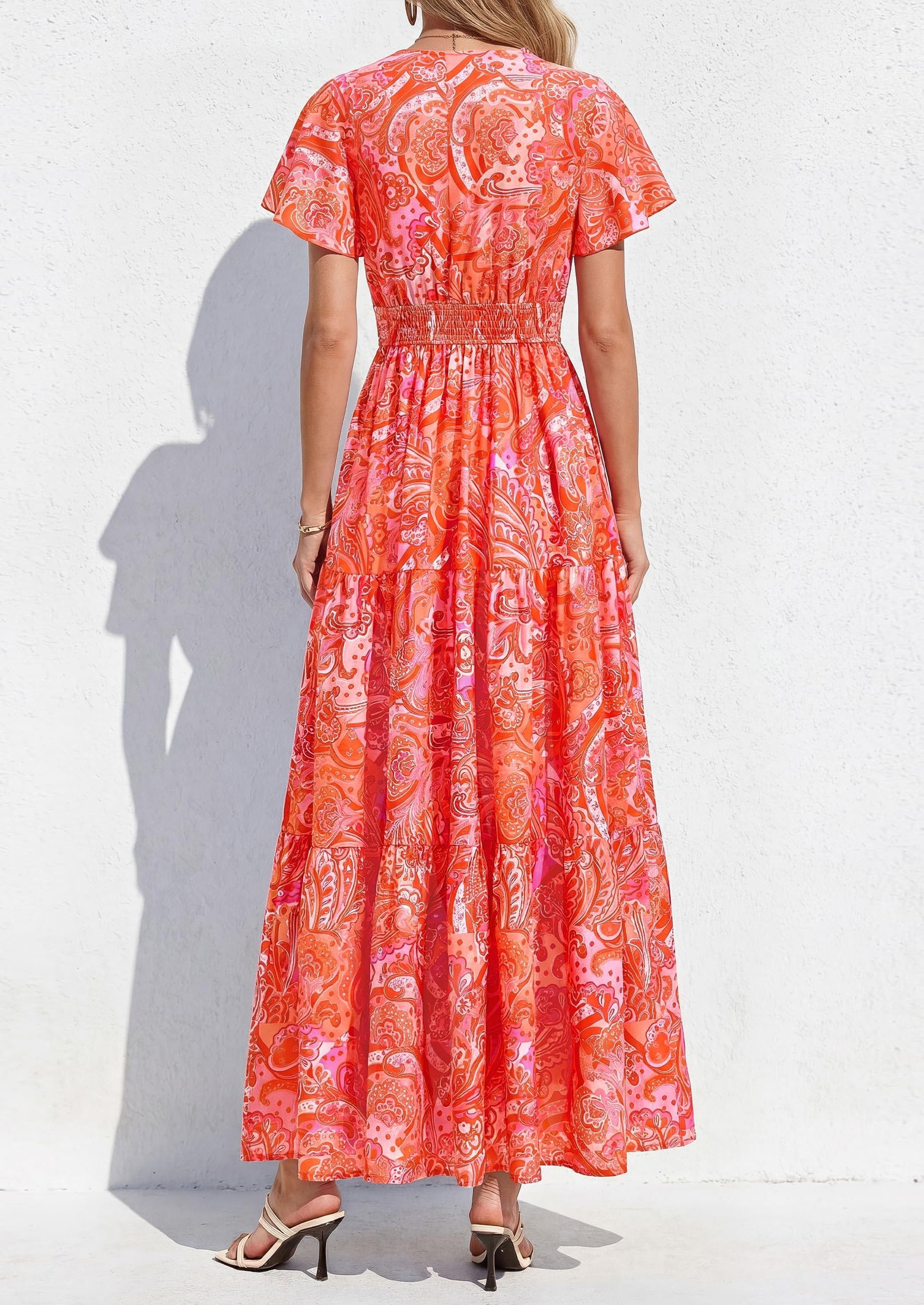 PRETTYGARDEN Women Summer Maxi Dresses Short Sleeve V Neck Button Floral Tiered Flowy Boho Sundress Beach Outfits