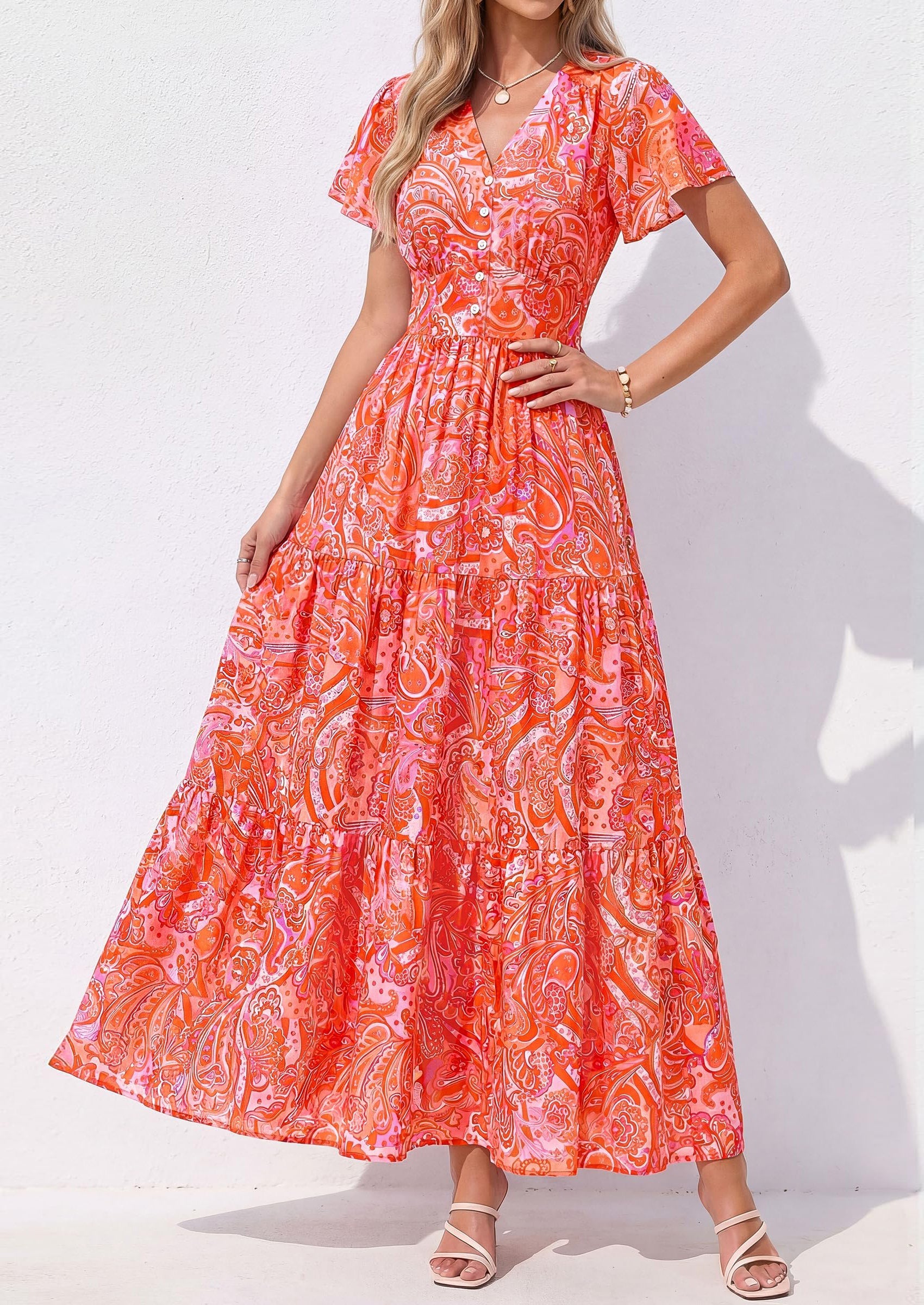 PRETTYGARDEN Women Summer Maxi Dresses Short Sleeve V Neck Button Floral Tiered Flowy Boho Sundress Beach Outfits