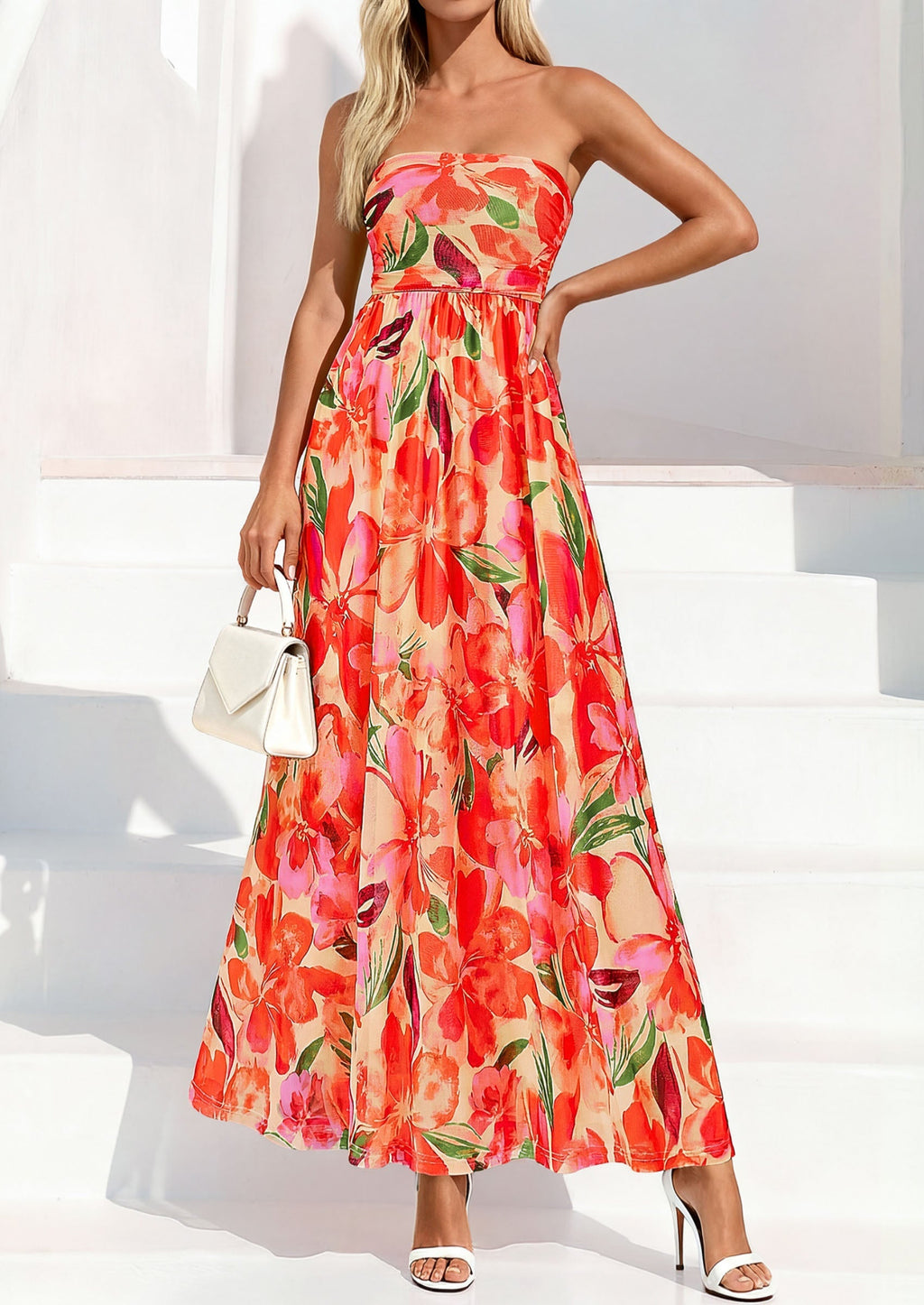 PRETTYGARDEN Womens Boho Maxi Dress Summer Floral Tube Strapless Spring Wedding Guest Cocktail Long Dresses