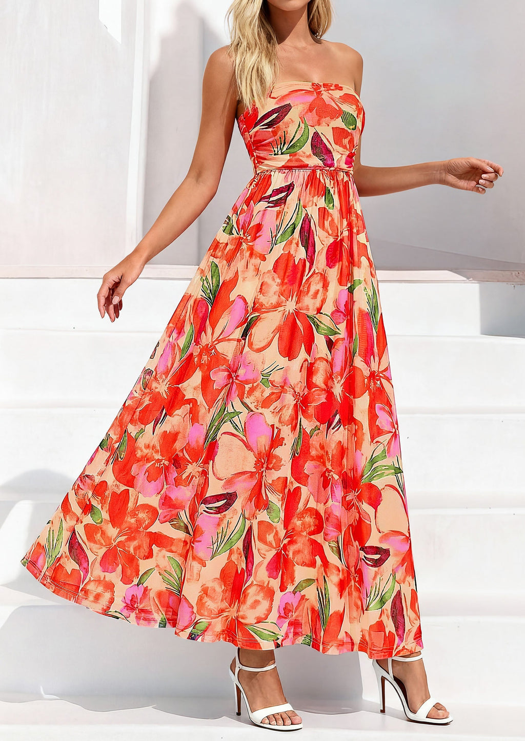 PRETTYGARDEN Womens Boho Maxi Dress Summer Floral Tube Strapless Spring Wedding Guest Cocktail Long Dresses