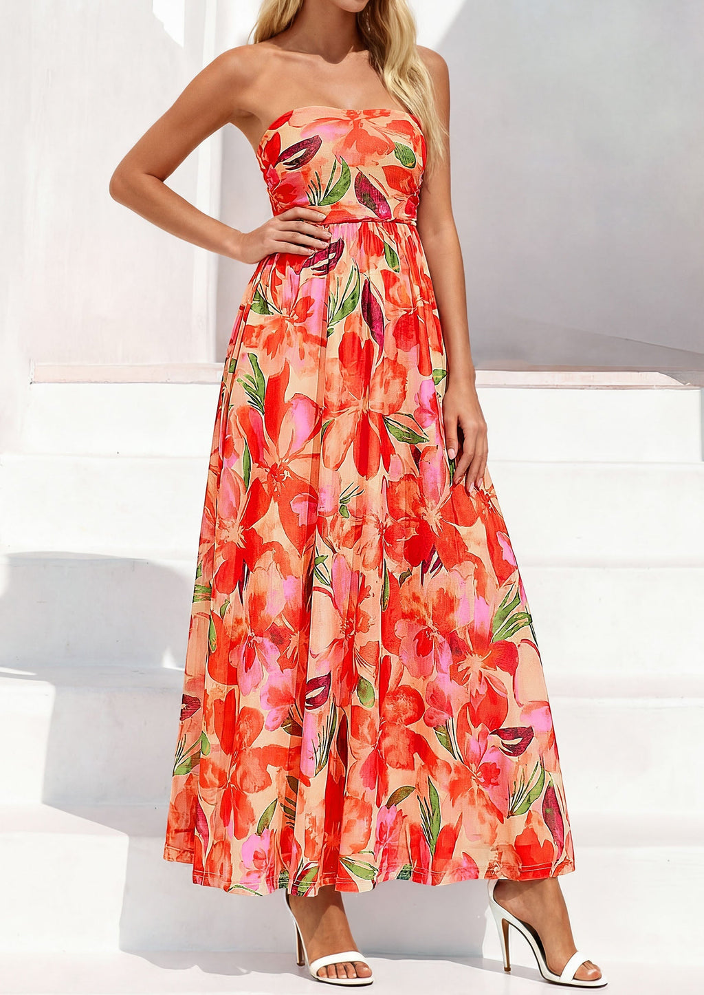 PRETTYGARDEN Womens Boho Maxi Dress Summer Floral Tube Strapless Spring Wedding Guest Cocktail Long Dresses