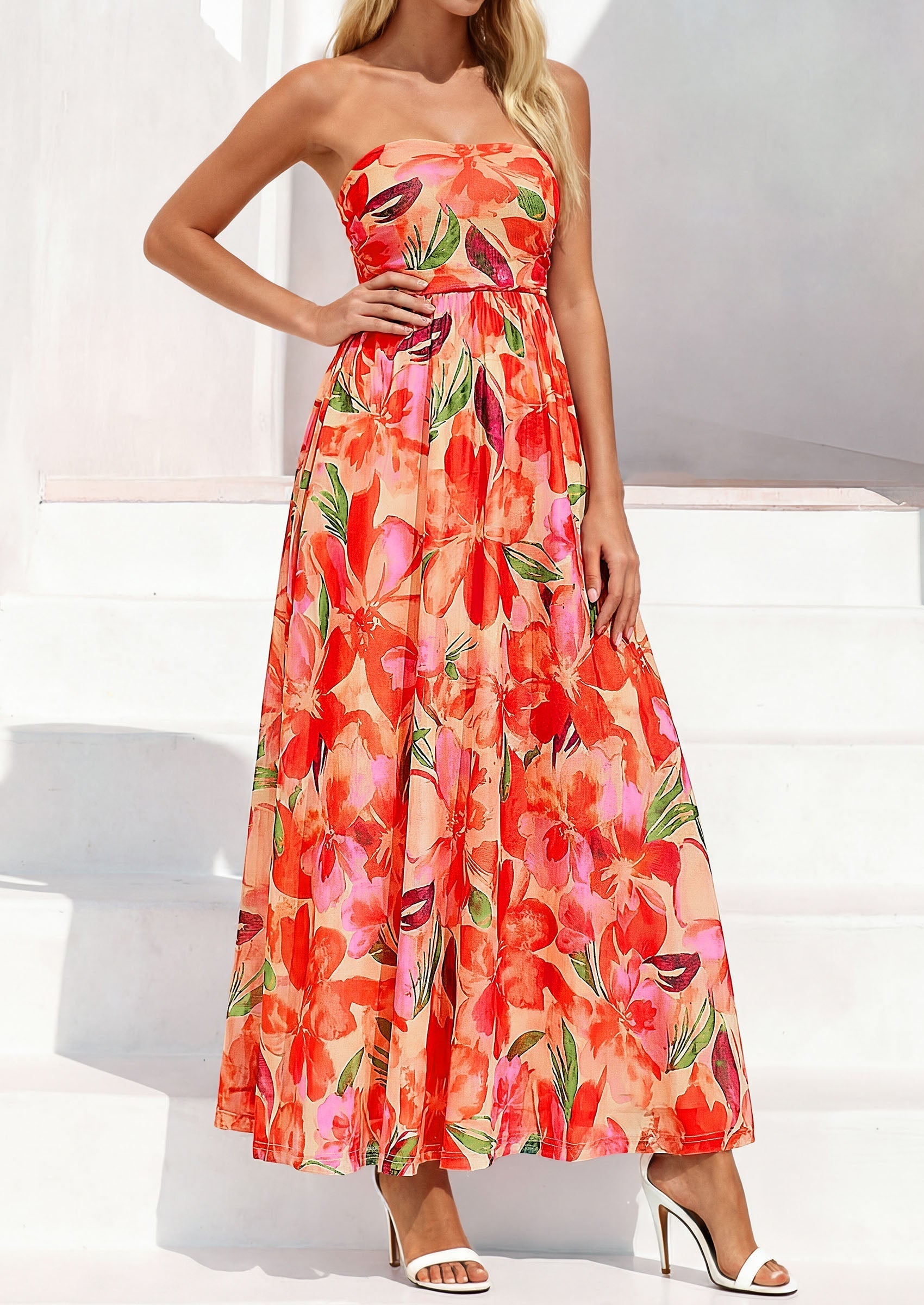 PRETTYGARDEN Womens Boho Maxi Dress Summer Floral Tube Strapless Spring Wedding Guest Cocktail Long Dresses
