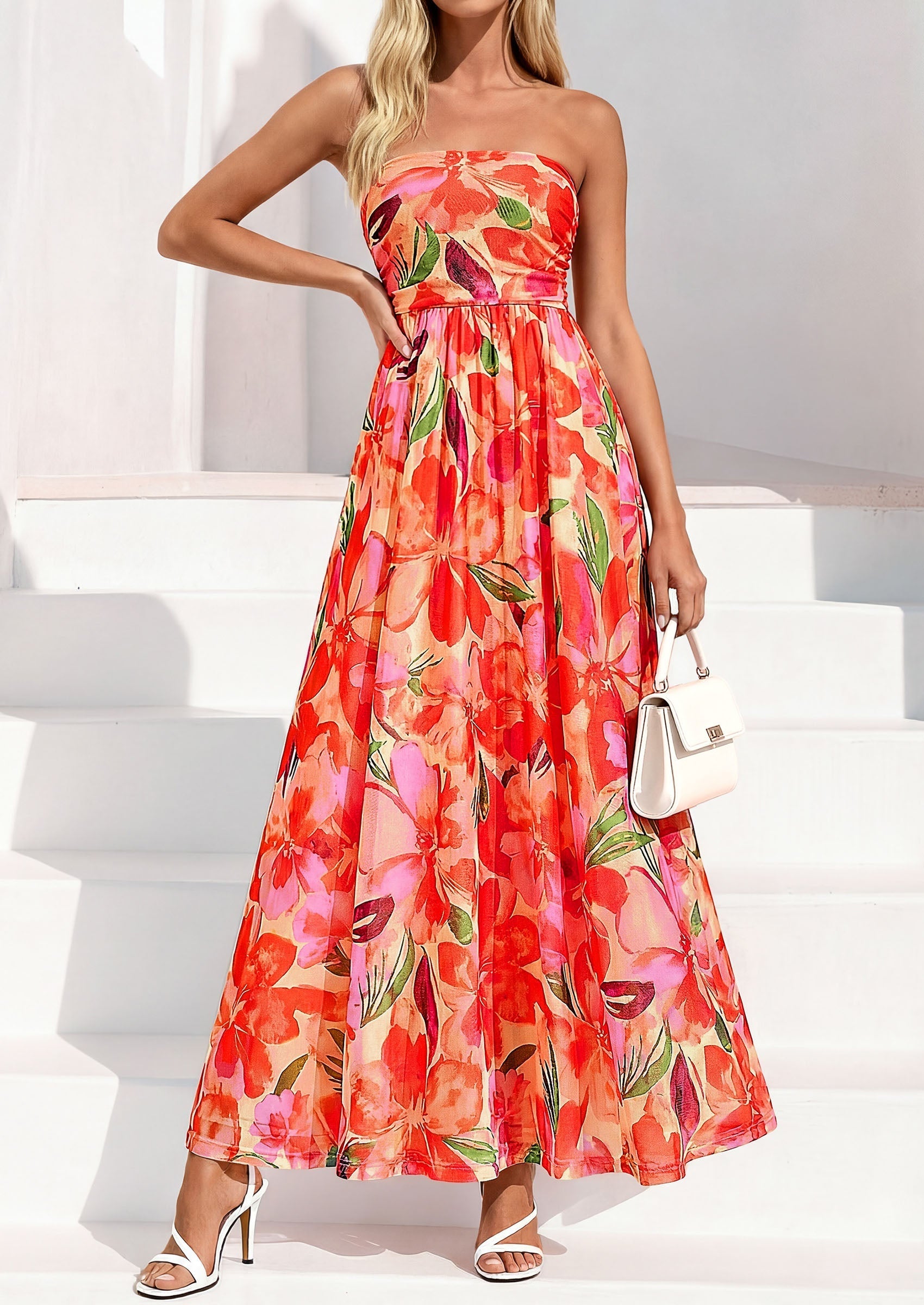 PRETTYGARDEN Womens Boho Maxi Dress Summer Floral Tube Strapless Spring Wedding Guest Cocktail Long Dresses