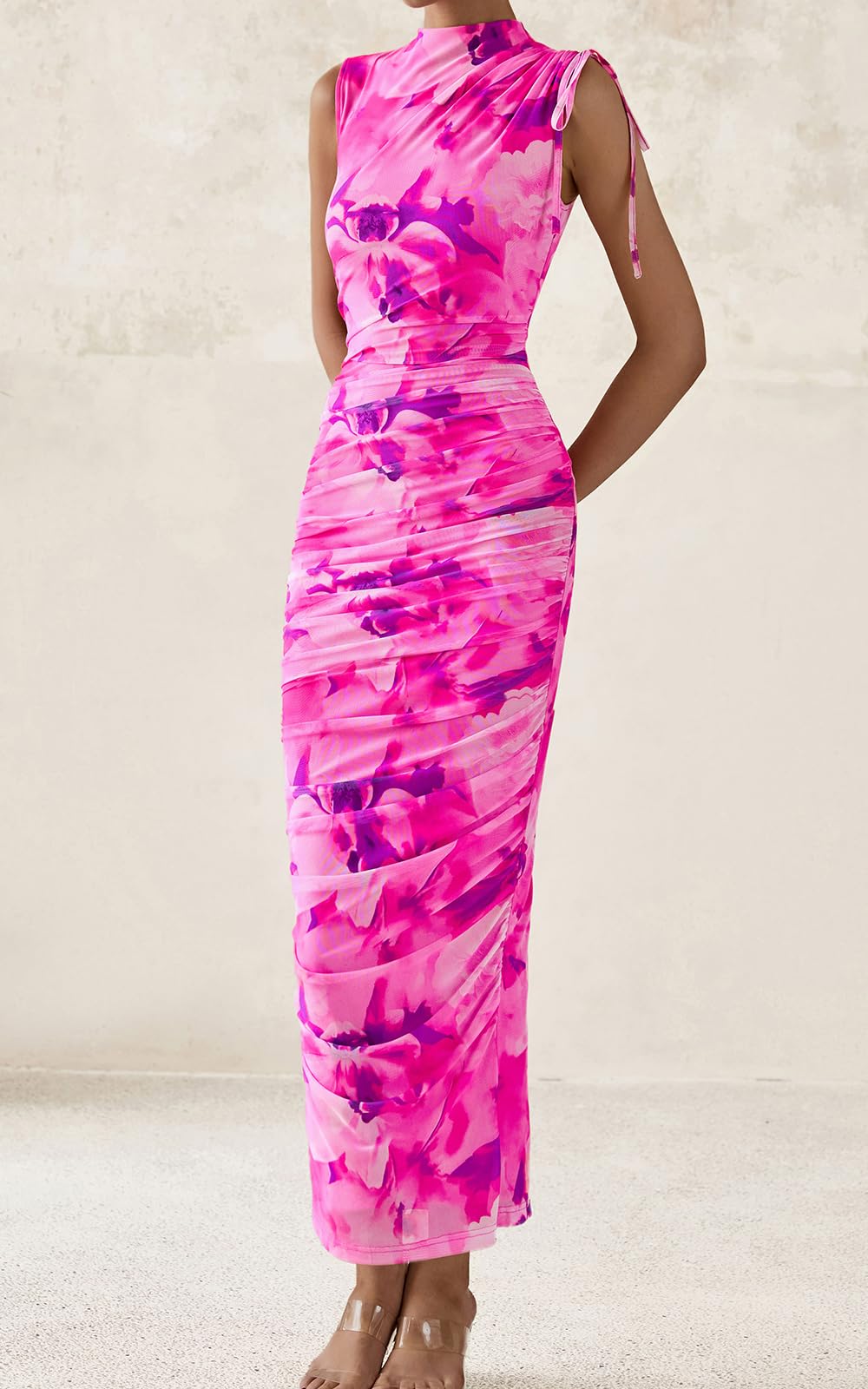 PRETTYGARDEN Women's Summer Maxi Floral Dresses Ruched Bodycon Sleeveless Mesh Formal Wedding Guest Cocktail Split Long Dress