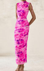 PRETTYGARDEN Women's Summer Maxi Floral Dresses Ruched Bodycon Sleeveless Mesh Formal Wedding Guest Cocktail Split Long Dress