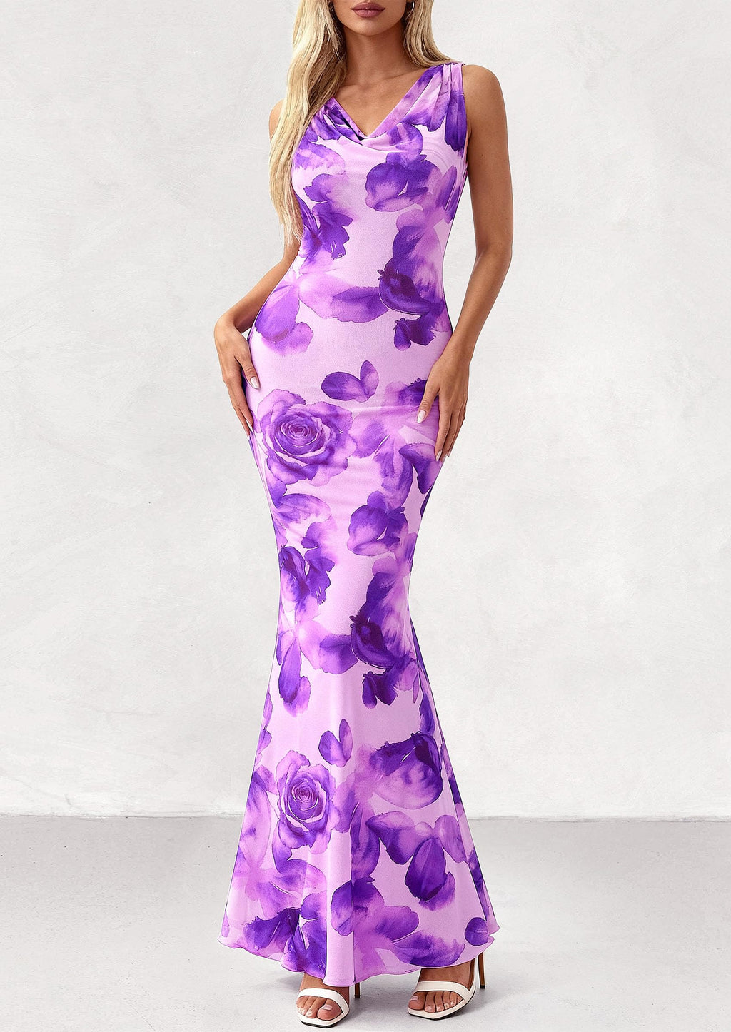 PRETTYGARDEN Women's Summer Cowl Neck Floral Maxi Dress Sleeveless Bodycon Beach Vacation Long Party Wedding Guest Dresses