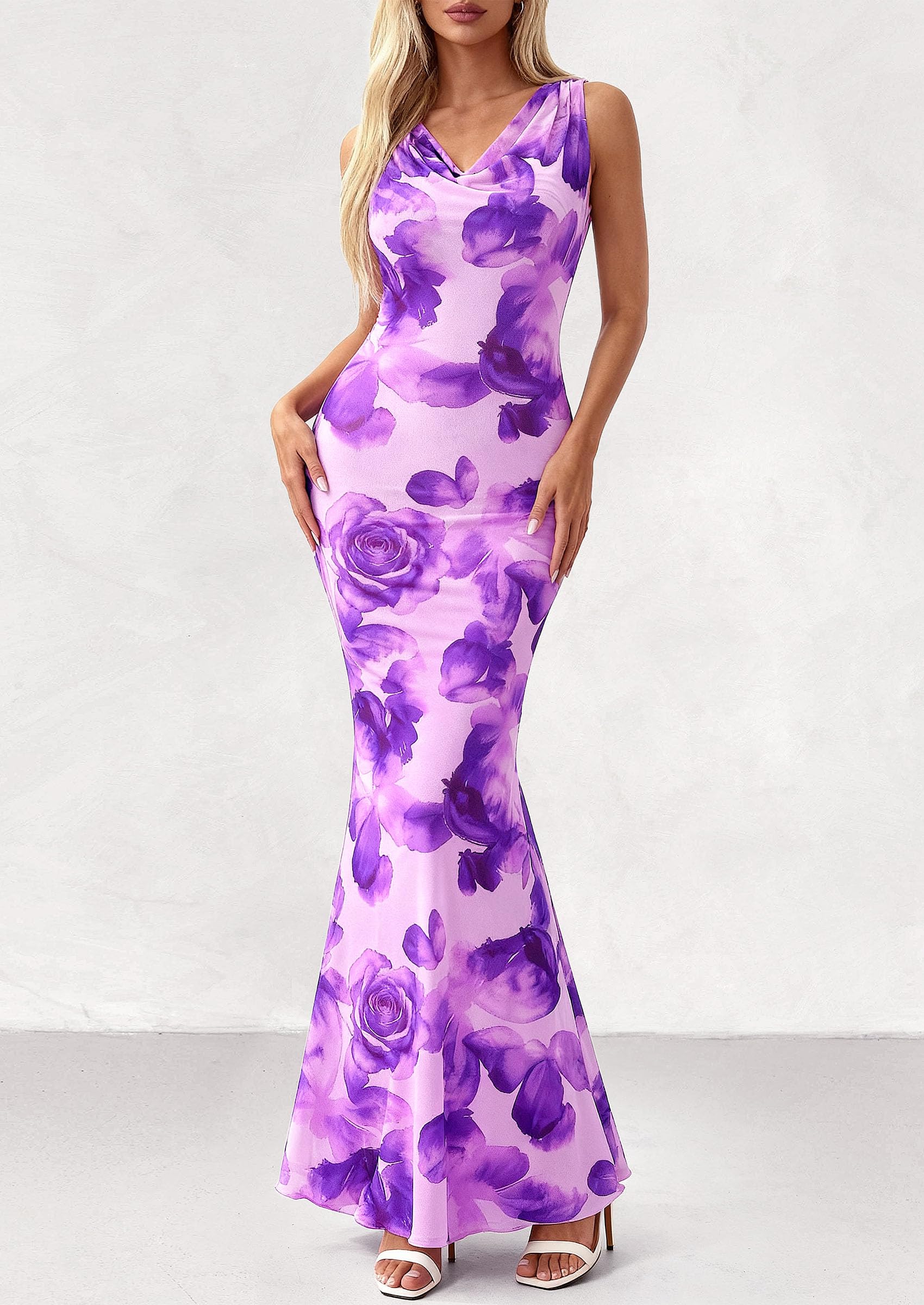 PRETTYGARDEN Women's Summer Cowl Neck Floral Maxi Dress Sleeveless Bodycon Beach Vacation Long Party Wedding Guest Dresses
