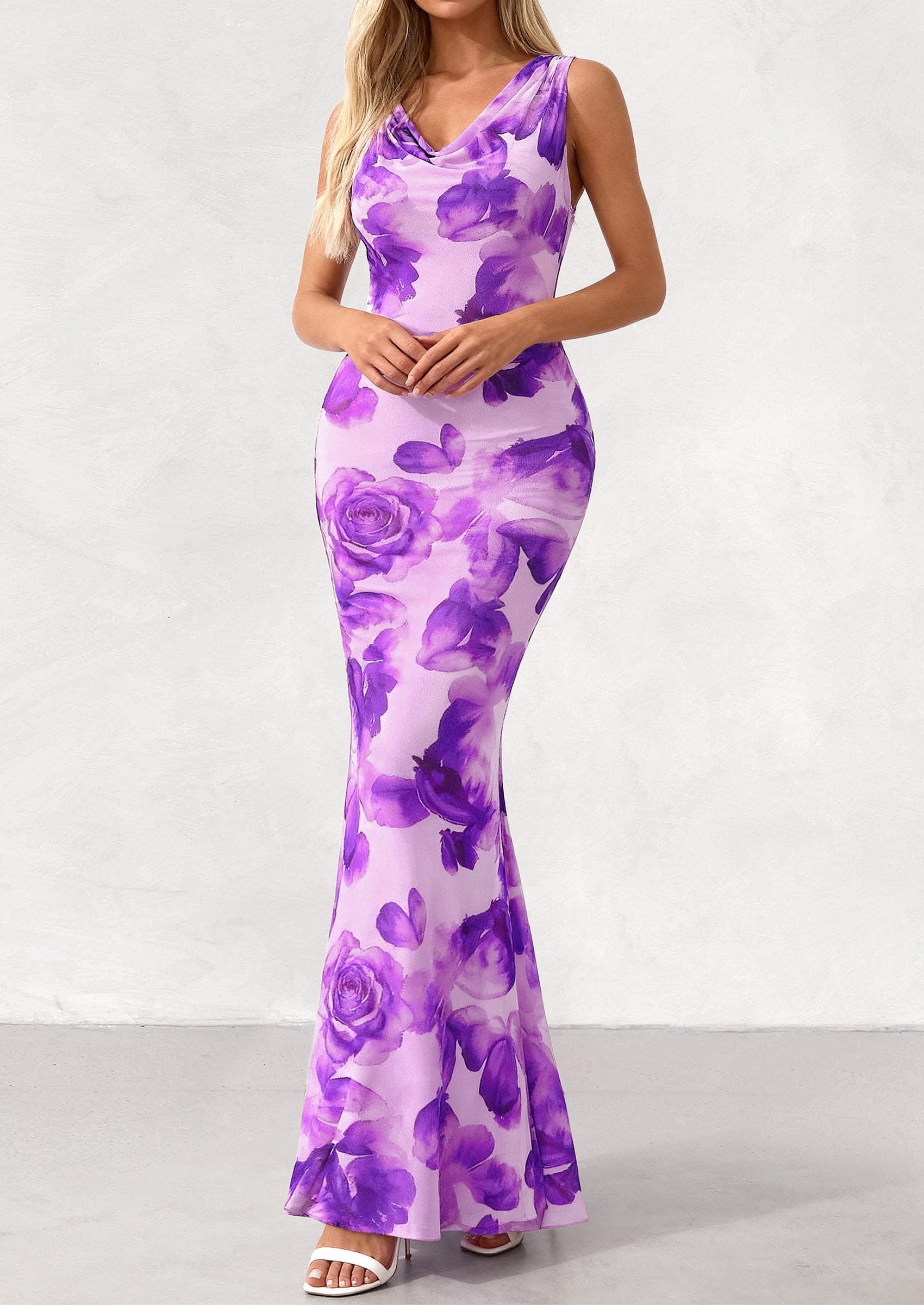 PRETTYGARDEN Women's Summer Cowl Neck Floral Maxi Dress Sleeveless Bodycon Beach Vacation Long Party Wedding Guest Dresses
