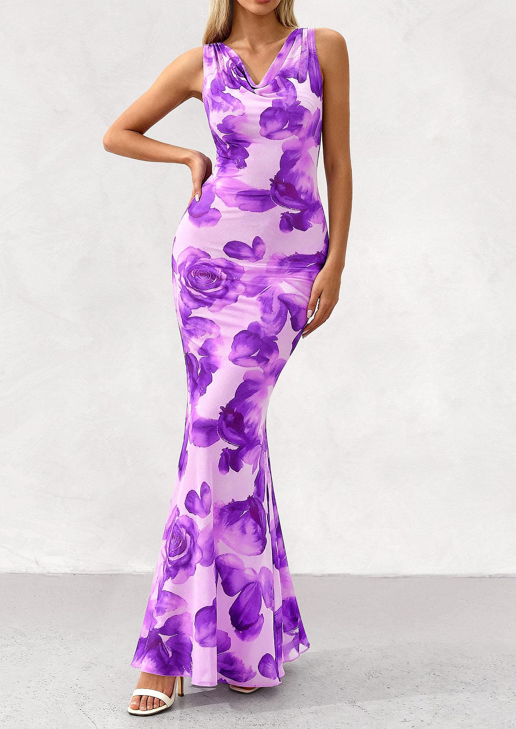 PRETTYGARDEN Women's Summer Cowl Neck Floral Maxi Dress Sleeveless Bodycon Beach Vacation Long Party Wedding Guest Dresses