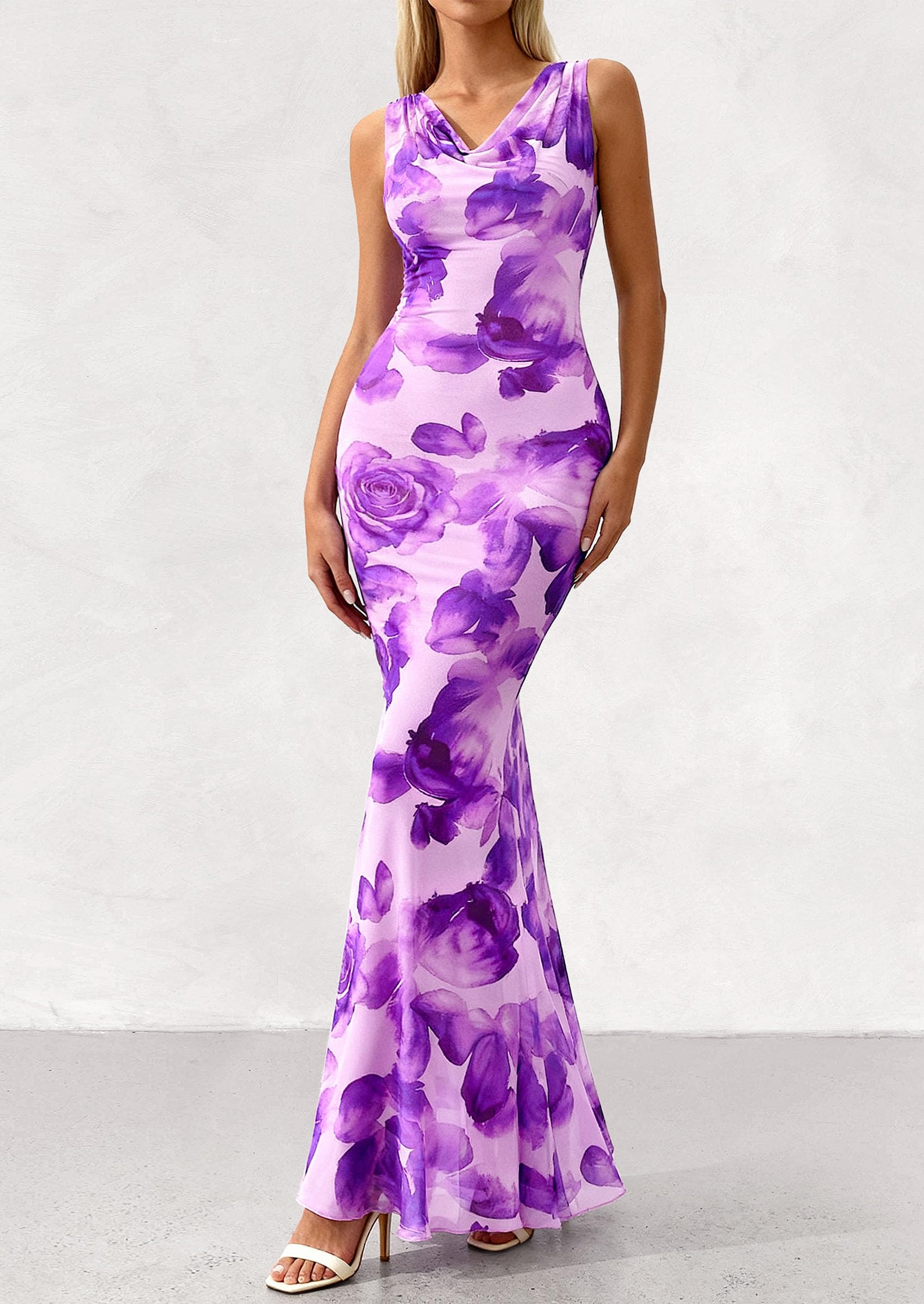PRETTYGARDEN Women's Summer Cowl Neck Floral Maxi Dress Sleeveless Bodycon Beach Vacation Long Party Wedding Guest Dresses