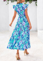 PRETTYGARDEN Women's Summer Floral Midi Dress Cap Sleeve V Neck Ruffle Long Flowy Boho Casual Beach Vacation Dresses