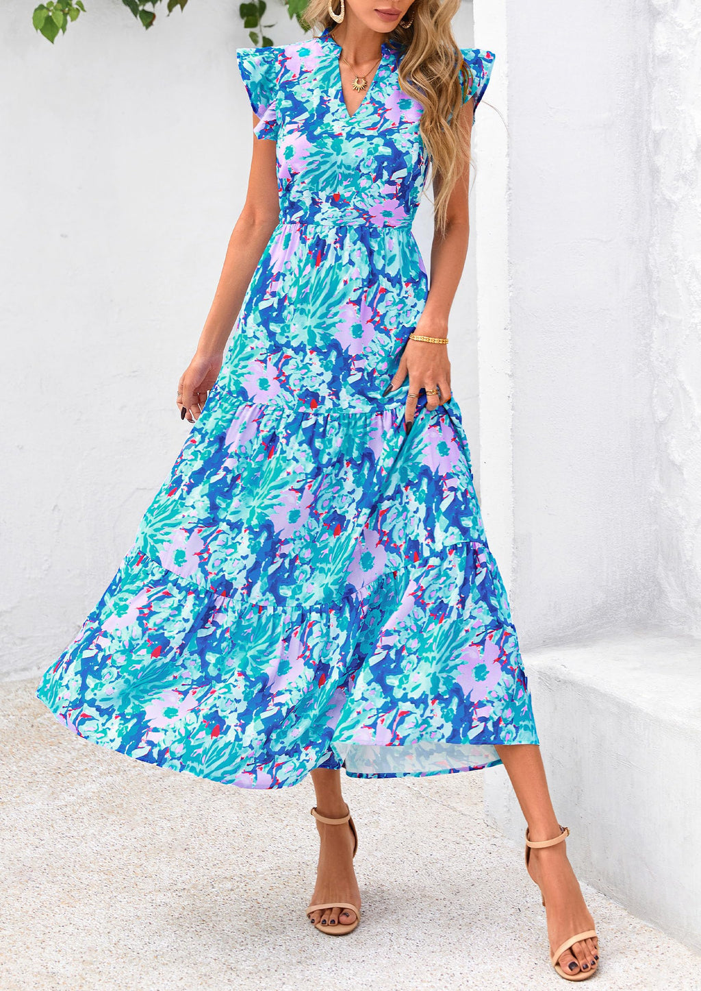 PRETTYGARDEN Women's Summer Floral Midi Dress Cap Sleeve V Neck Ruffle Long Flowy Boho Casual Beach Vacation Dresses