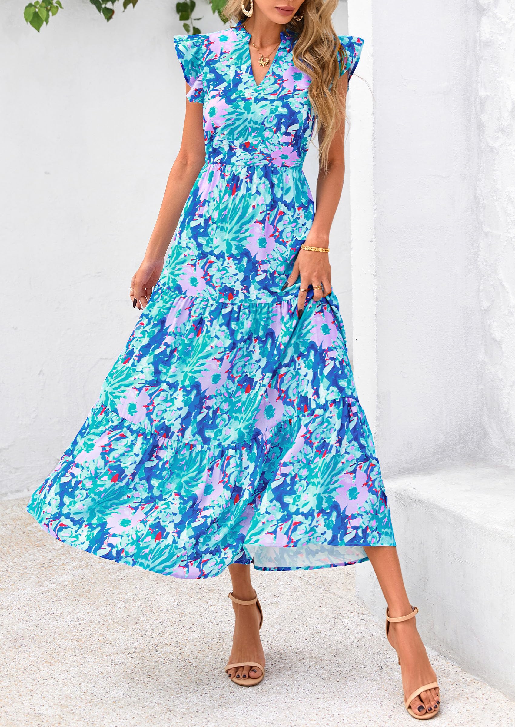 PRETTYGARDEN Women's Summer Floral Midi Dress Cap Sleeve V Neck Ruffle Long Flowy Boho Casual Beach Vacation Dresses