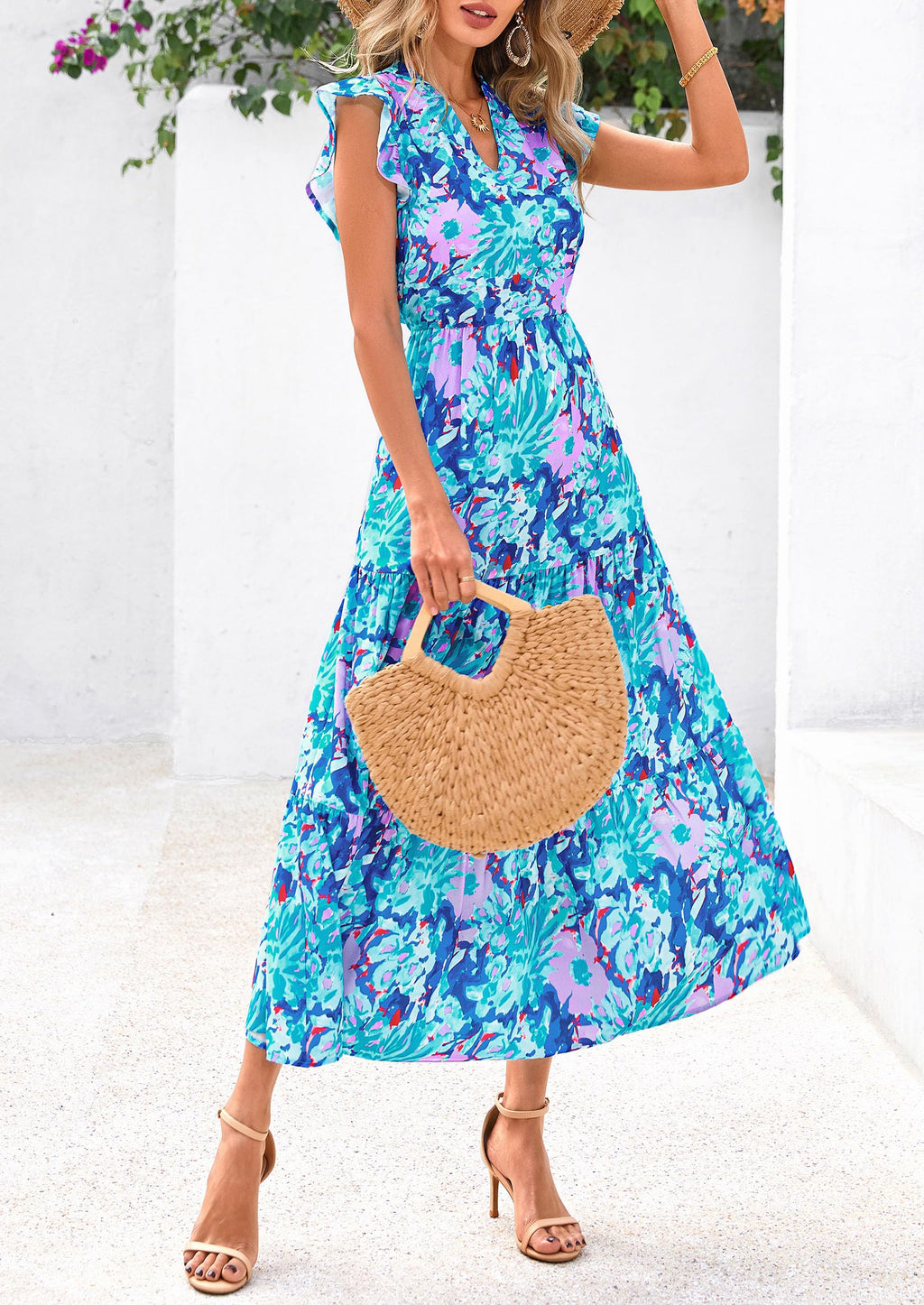 PRETTYGARDEN Women's Summer Floral Midi Dress Cap Sleeve V Neck Ruffle Long Flowy Boho Casual Beach Vacation Dresses