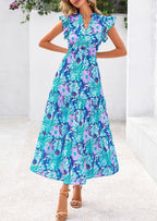 PRETTYGARDEN Women's Summer Floral Midi Dress Cap Sleeve V Neck Ruffle Long Flowy Boho Casual Beach Vacation Dresses