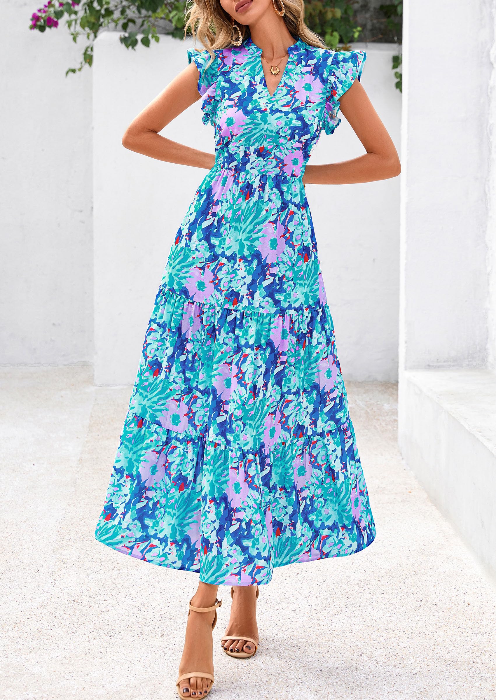 PRETTYGARDEN Women's Summer Floral Midi Dress Cap Sleeve V Neck Ruffle Long Flowy Boho Casual Beach Vacation Dresses