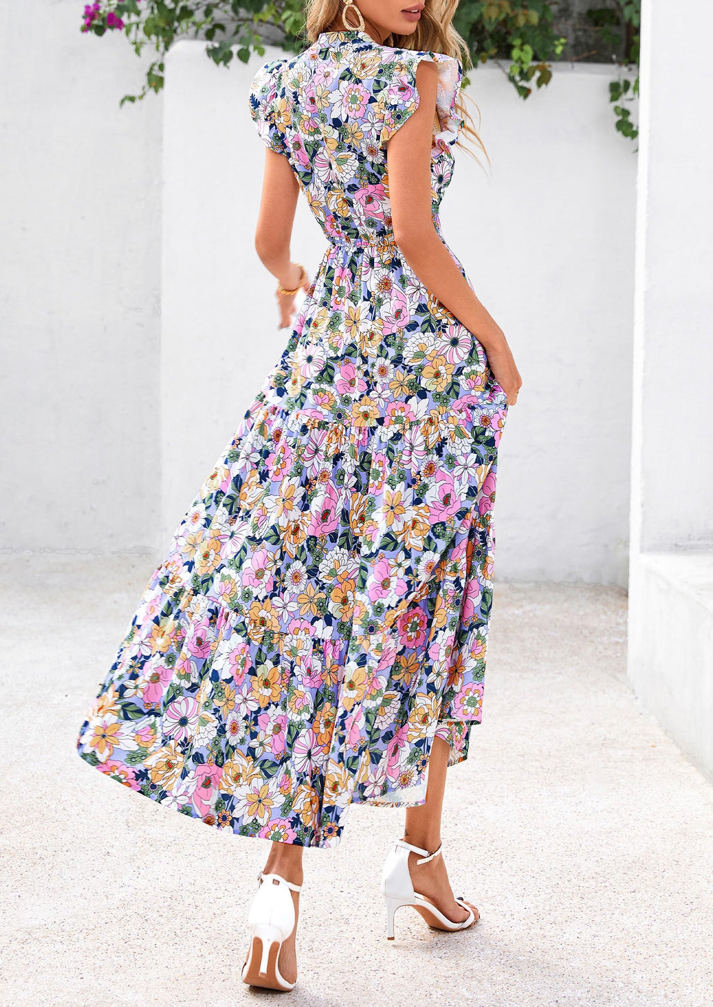 PRETTYGARDEN Women's Summer Floral Midi Dress Cap Sleeve V Neck Ruffle Long Flowy Boho Casual Beach Vacation Dresses