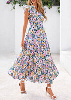 PRETTYGARDEN Women's Summer Floral Midi Dress Cap Sleeve V Neck Ruffle Long Flowy Boho Casual Beach Vacation Dresses